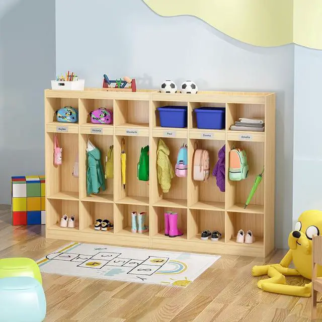 Alt view image 2 of 7 - 3-Section Classroom Coat Locker with 6 Cubbies, Daycare Cubbies with 6 Hooks and Acrylic Mirror, Kindergarten Lockers with Raised Edges for Home, School, Nursery