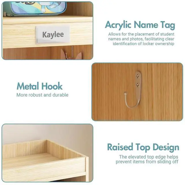 Alt view image 6 of 7 - 3-Section Classroom Coat Locker with 6 Cubbies, Daycare Cubbies with 6 Hooks and Acrylic Mirror, Kindergarten Lockers with Raised Edges for Home, School, Nursery