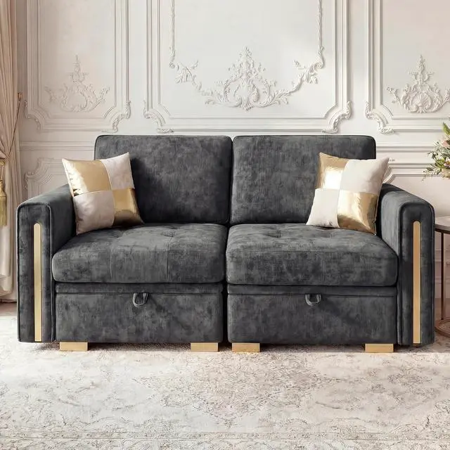 Alt view image 3 of 7 - Oversized Modular Chenille Loveseat with Storage, Comfy Extra Deep & Wide Seat Couch with Gold Metal Accents & Legs for Living Room (Grey)