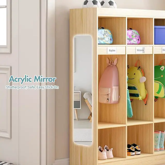 Alt view image 5 of 7 - 3-Section Classroom Coat Locker with 6 Cubbies, Daycare Cubbies with 6 Hooks and Acrylic Mirror, Kindergarten Lockers with Raised Edges for Home, School, Nursery