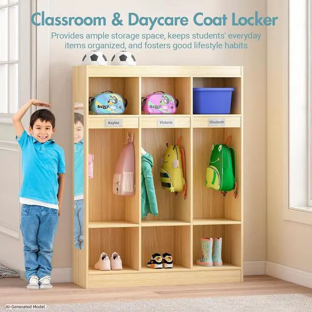 Alt view image 4 of 7 - 3-Section Classroom Coat Locker with 6 Cubbies, Daycare Cubbies with 6 Hooks and Acrylic Mirror, Kindergarten Lockers with Raised Edges for Home, School, Nursery