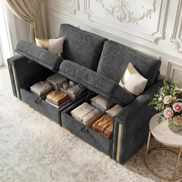 Alt view image 5 of 7 - Oversized Modular Chenille Loveseat with Storage, Comfy Extra Deep & Wide Seat Couch with Gold Metal Accents & Legs for Living Room (Grey)