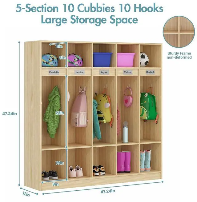 Alt view image 3 of 7 - 5-Section Classroom Coat Locker with 10 Cubbies, Daycare Cubbies with 10 Hooks, Kindergarten Lockers for Home, School, Nursery