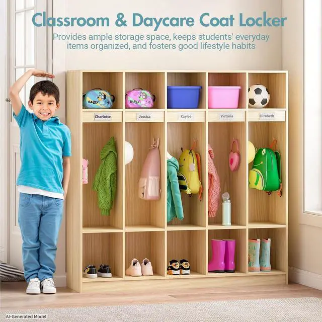 Alt view image 4 of 7 - 5-Section Classroom Coat Locker with 10 Cubbies, Daycare Cubbies with 10 Hooks, Kindergarten Lockers for Home, School, Nursery