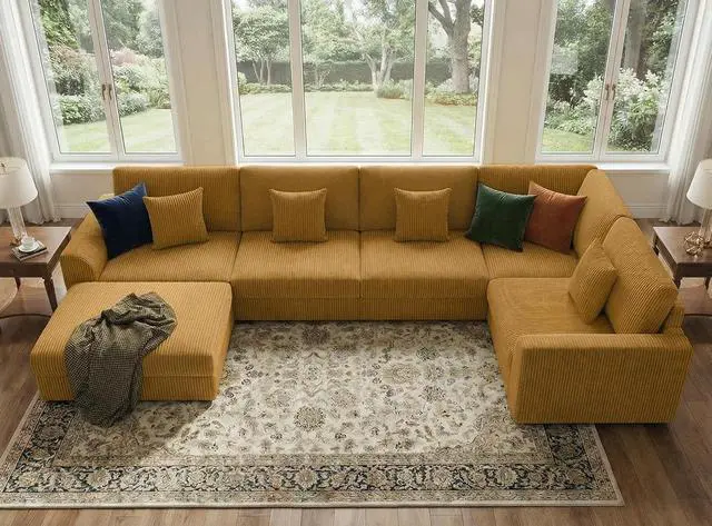 Alt view image 4 of 7 - 146" Modular Sectional Sofa, 6-Piece U-Shaped Couch with Ottoman | Oversized Deep Seating, Converts to Sofa Bed, Solid Wood Frame, Soft Corduroy Fabric, Tool-Free Assembly