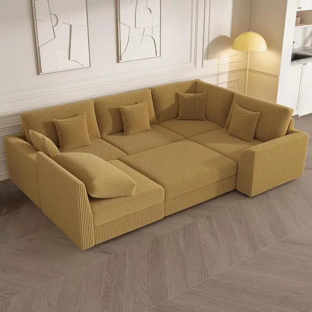 Alt view image 3 of 7 - 146" Modular Sectional Sofa, 6-Piece U-Shaped Couch with Ottoman | Oversized Deep Seating, Converts to Sofa Bed, Solid Wood Frame, Soft Corduroy Fabric, Tool-Free Assembly