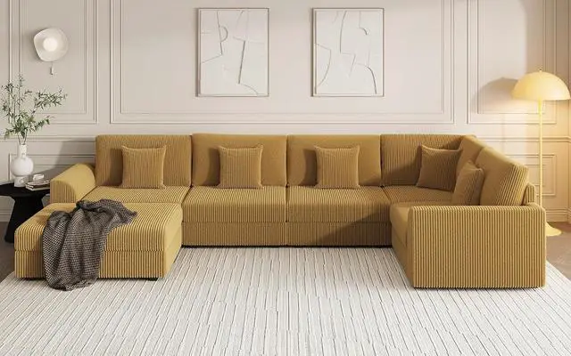 Alt view image 5 of 7 - 146" Modular Sectional Sofa, 6-Piece U-Shaped Couch with Ottoman | Oversized Deep Seating, Converts to Sofa Bed, Solid Wood Frame, Soft Corduroy Fabric, Tool-Free Assembly