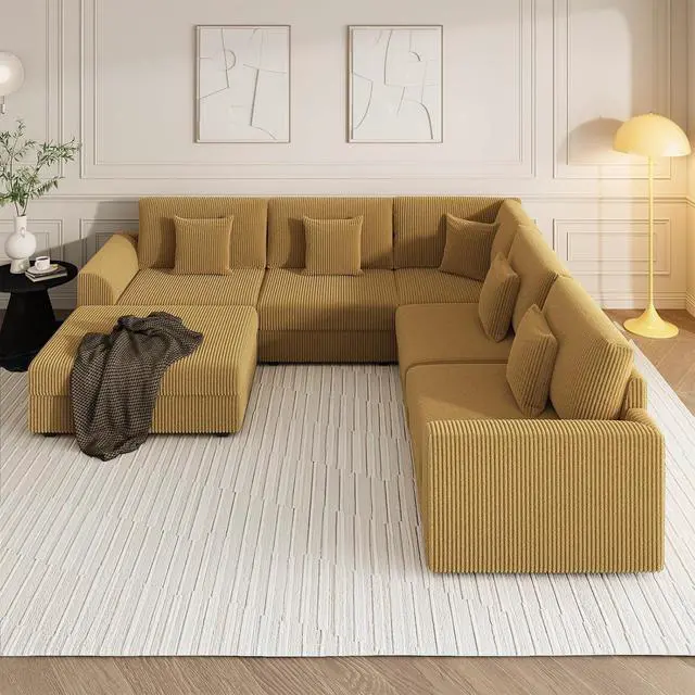 Alt view image 7 of 7 - 146" Modular Sectional Sofa, 6-Piece U-Shaped Couch with Ottoman | Oversized Deep Seating, Converts to Sofa Bed, Solid Wood Frame, Soft Corduroy Fabric, Tool-Free Assembly