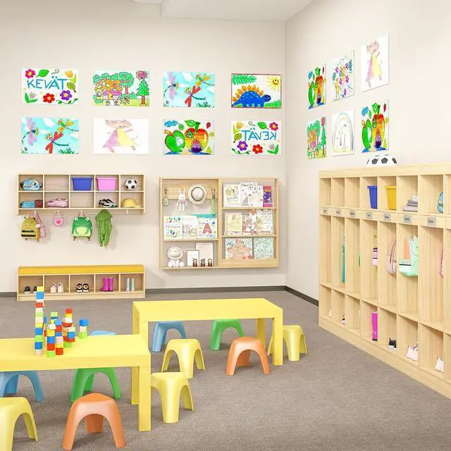 Alt view image 7 of 7 - 3-Section Classroom Coat Locker with 6 Cubbies, Daycare Cubbies with 6 Hooks and Acrylic Mirror, Kindergarten Lockers with Raised Edges for Home, School, Nursery