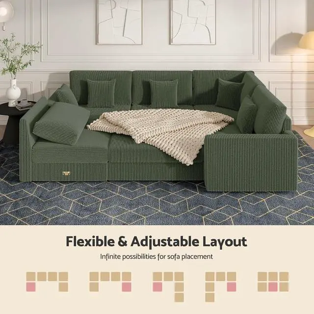 Alt view image 5 of 7 - 146" Modular Sectional Sofa, 6-Piece U-Shaped Couch with Ottoman | Oversized Deep Seating, Converts to Sofa Bed, Solid Wood Frame, Soft Corduroy Fabric, Tool-Free Assembly