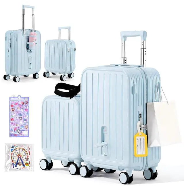 Main image of Ride On Suitcase for Kids 2 Piece Carry On Luggage Set (Light Blue) | 20"+ 14" Toddler Ride on Suitcase Set, ABS+PC HardShell, Silent Spinner Wheels, Safety Belt, Foldable Cup Holder
