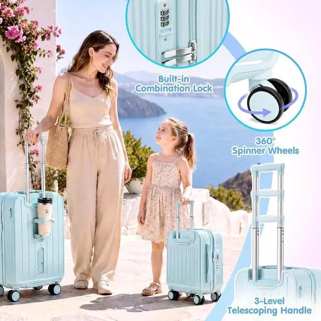Alt view image 3 of 7 - Ride On Suitcase for Kids 2 Piece Carry On Luggage Set (Light Blue) | 20"+ 14" Toddler Ride on Suitcase Set, ABS+PC HardShell, Silent Spinner Wheels, Safety Belt, Foldable Cup Holder