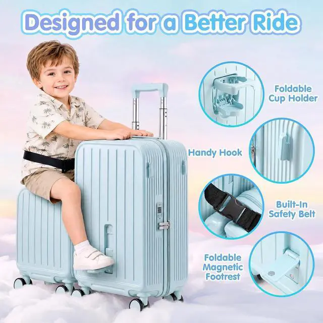 Alt view image 4 of 7 - Ride On Suitcase for Kids 2 Piece Carry On Luggage Set (Light Blue) | 20"+ 14" Toddler Ride on Suitcase Set, ABS+PC HardShell, Silent Spinner Wheels, Safety Belt, Foldable Cup Holder
