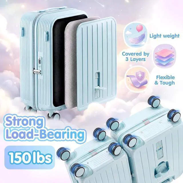 Alt view image 5 of 7 - Ride On Suitcase for Kids 2 Piece Carry On Luggage Set (Light Blue) | 20"+ 14" Toddler Ride on Suitcase Set, ABS+PC HardShell, Silent Spinner Wheels, Safety Belt, Foldable Cup Holder