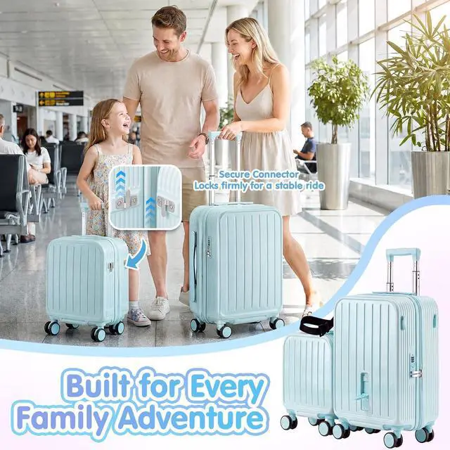 Alt view image 7 of 7 - Ride On Suitcase for Kids 2 Piece Carry On Luggage Set (Light Blue) | 20"+ 14" Toddler Ride on Suitcase Set, ABS+PC HardShell, Silent Spinner Wheels, Safety Belt, Foldable Cup Holder