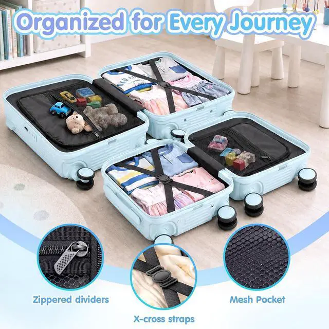 Alt view image 6 of 7 - Ride On Suitcase for Kids 2 Piece Carry On Luggage Set (Light Blue) | 20"+ 14" Toddler Ride on Suitcase Set, ABS+PC HardShell, Silent Spinner Wheels, Safety Belt, Foldable Cup Holder