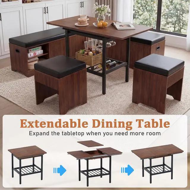 Alt view image 2 of 7 - Extendable Breakfast Nook Set with Storage Bench, Corner Dining Table Set | Extendable Table Design, Hidden Storage Benches, 6-Piece Dining Set, Built-In Glass Holders, Indoor & Outdoor Use