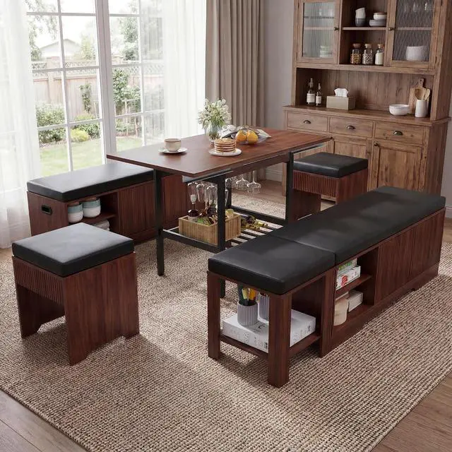 Main image of Extendable Breakfast Nook Set with Storage Bench, Corner Dining Table Set | Extendable Table Design, Hidden Storage Benches, 6-Piece Dining Set, Built-In Glass Holders, Indoor & Outdoor Use