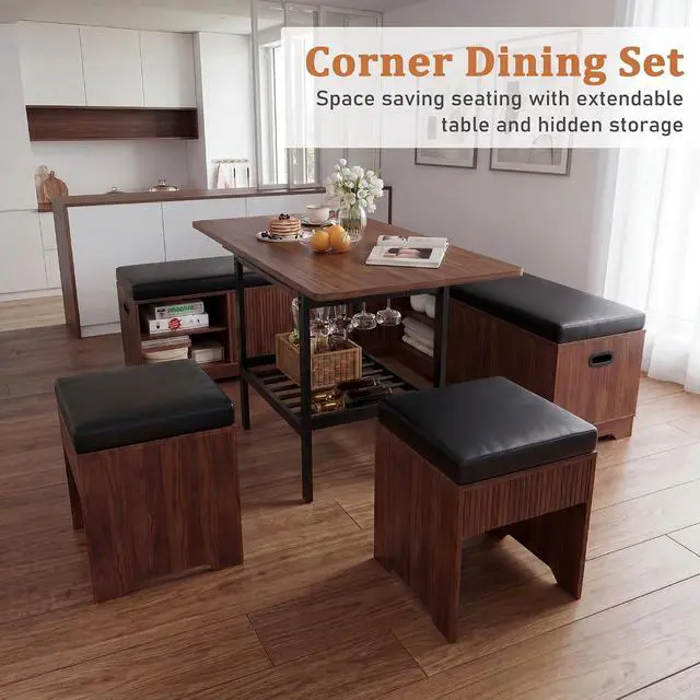Alt view image 7 of 7 - Extendable Breakfast Nook Set with Storage Bench, Corner Dining Table Set | Extendable Table Design, Hidden Storage Benches, 6-Piece Dining Set, Built-In Glass Holders, Indoor & Outdoor Use