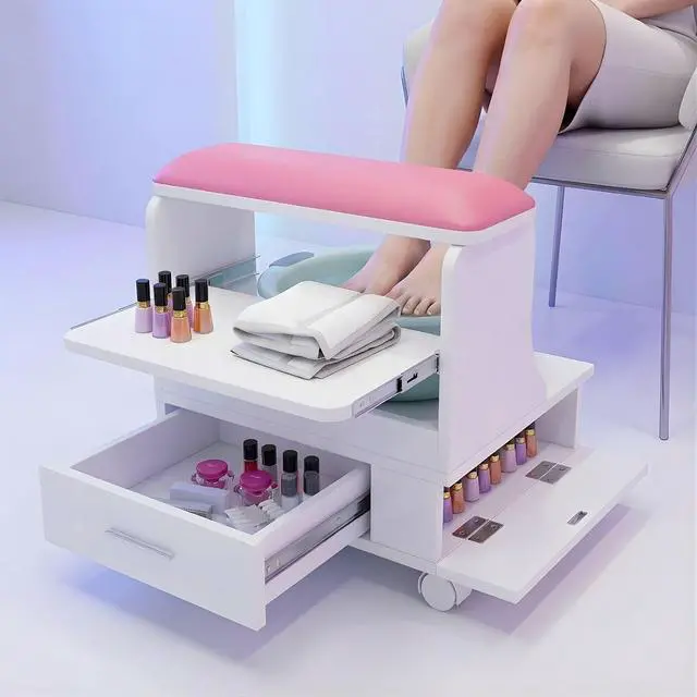 Main image of Rolling Pedicure Foot Rest Stool with Storage, Pull-Out Tray, Drawer & Side Shelf, PU Cushion Spa Station with Wheels for Nail Salon and Home (Pink)