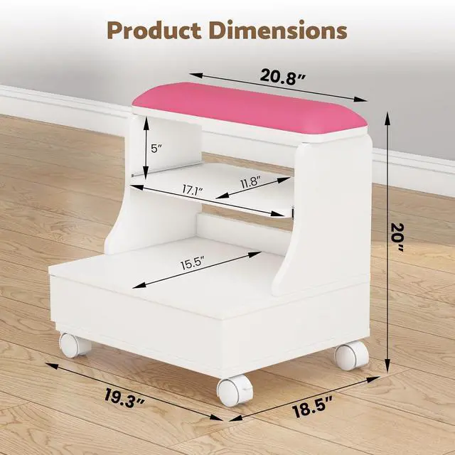 Alt view image 2 of 7 - Rolling Pedicure Foot Rest Stool with Storage, Pull-Out Tray, Drawer & Side Shelf, PU Cushion Spa Station with Wheels for Nail Salon and Home (Pink)