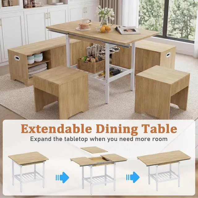 Alt view image 2 of 7 - Extendable Breakfast Nook Set with Storage Bench, Corner Dining Table Set | Extendable Table Design, Hidden Storage Benches, 6-Piece Dining Set, Built-In Glass Holders, Indoor & Outdoor Use