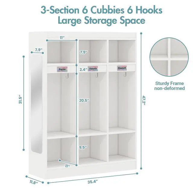Alt view image 3 of 7 - 3-Section Classroom Coat Locker with 6 Cubbies | 6 Hooks, Acrylic Mirror, Raised Edge, for Home, School, Nursery