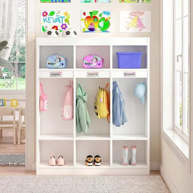Alt view image 2 of 7 - 3-Section Classroom Coat Locker with 6 Cubbies | 6 Hooks, Acrylic Mirror, Raised Edge, for Home, School, Nursery