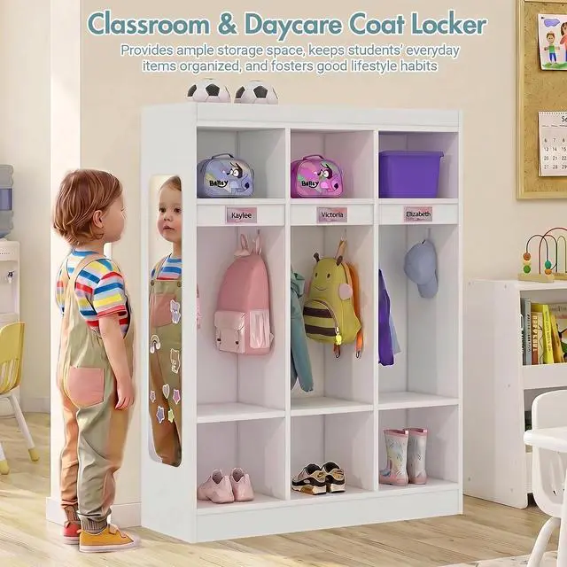 Alt view image 4 of 7 - 3-Section Classroom Coat Locker with 6 Cubbies | 6 Hooks, Acrylic Mirror, Raised Edge, for Home, School, Nursery