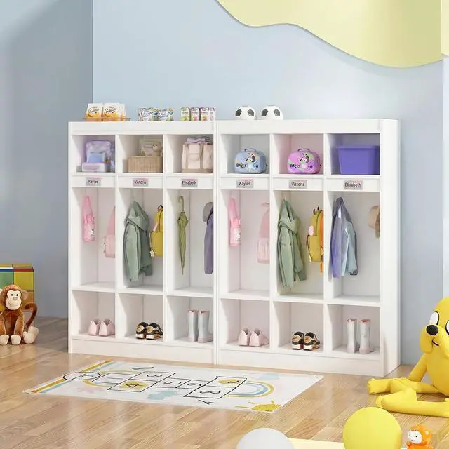 Alt view image 7 of 7 - 3-Section Classroom Coat Locker with 6 Cubbies | 6 Hooks, Acrylic Mirror, Raised Edge, for Home, School, Nursery