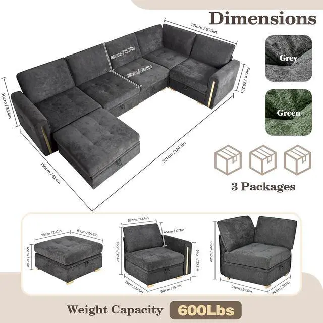 Alt view image 2 of 7 - Oversized Modular Sectional Sofa, Chenille Sofa with Storage, Deep Seat | Storage Under Each Seat, Extra Deep Seating, Chenille Fabric, Flexible Layout, Gold Metal Accents, Washable Covers