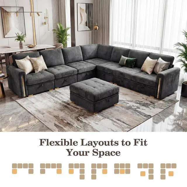 Alt view image 5 of 7 - Oversized Modular Sectional Sofa, Chenille Sofa with Storage, Deep Seat | Storage Under Each Seat, Extra Deep Seating, Chenille Fabric, Flexible Layout, Gold Metal Accents, Washable Covers