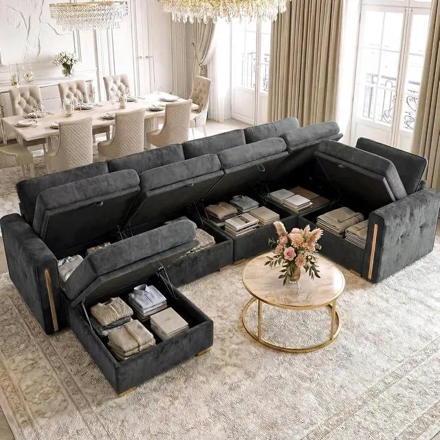 Alt view image 3 of 7 - Oversized Modular Sectional Sofa, Chenille Sofa with Storage, Deep Seat | Storage Under Each Seat, Extra Deep Seating, Chenille Fabric, Flexible Layout, Gold Metal Accents, Washable Covers