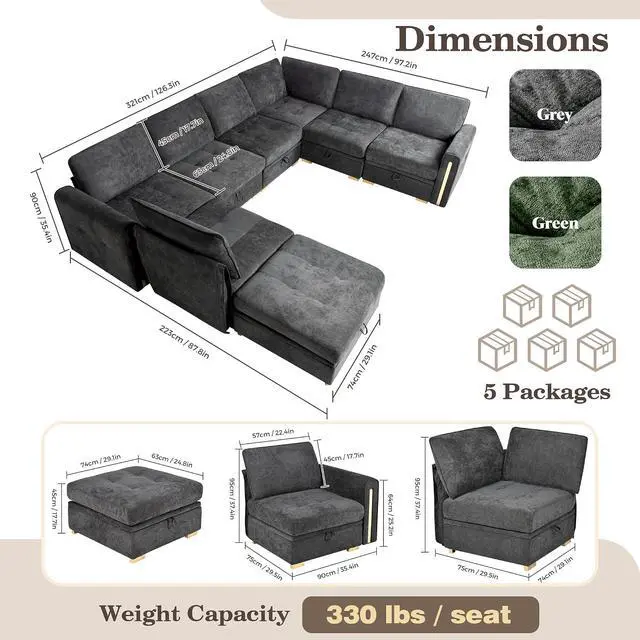 Alt view image 2 of 7 - Oversized Modular Sectional Sofa, Chenille Sofa with Storage, Deep Seat | Storage Under Each Seat, Extra Deep Seating, Chenille Fabric, Flexible Layout, Gold Metal Accents, Washable Covers