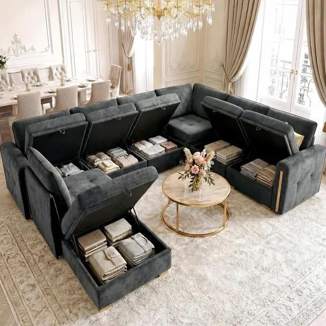 Alt view image 3 of 7 - Oversized Modular Sectional Sofa, Chenille Sofa with Storage, Deep Seat | Storage Under Each Seat, Extra Deep Seating, Chenille Fabric, Flexible Layout, Gold Metal Accents, Washable Covers