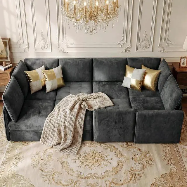 Alt view image 4 of 7 - Oversized Modular Sectional Sofa, Chenille Sofa with Storage, Deep Seat | Storage Under Each Seat, Extra Deep Seating, Chenille Fabric, Flexible Layout, Gold Metal Accents, Washable Covers