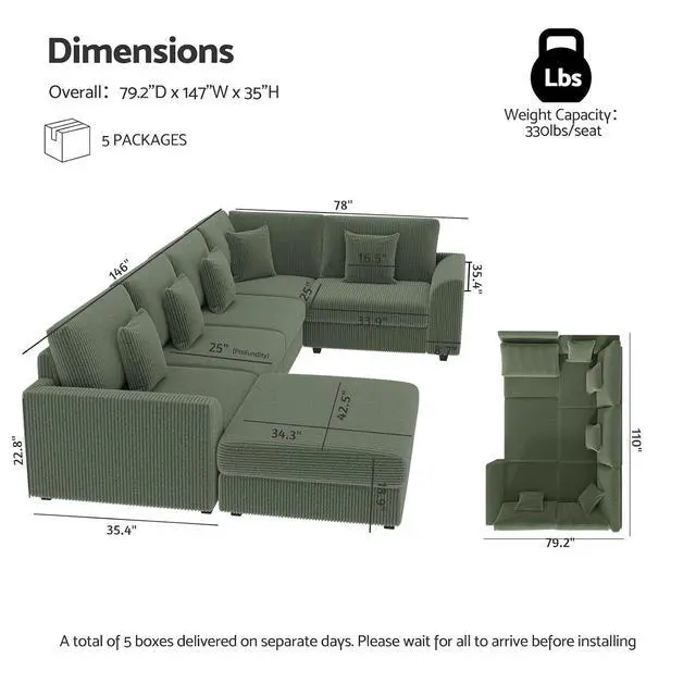 Alt view image 2 of 7 - 146" Modular Sectional Sofa, 6-Piece U-Shaped Couch with Ottoman | Oversized Deep Seating, Converts to Sofa Bed, Solid Wood Frame, Soft Corduroy Fabric, Tool-Free Assembly