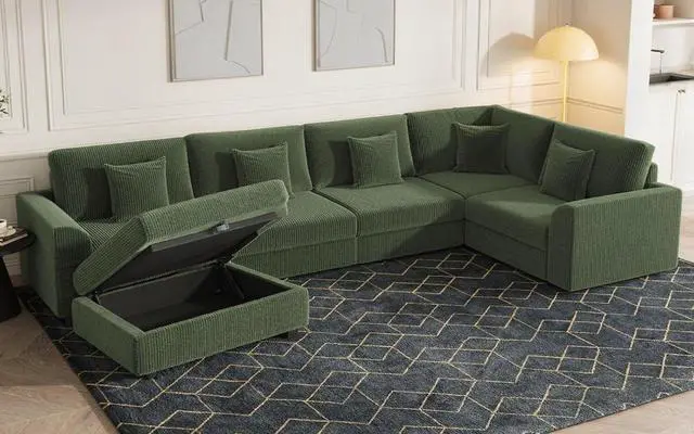 Main image of Modular Sectional Sofa, 6-Piece U-Shaped Couch with Storage Ottoman | Oversized Deep Seating, Converts to Sofa Bed, Solid Wood Frame, Soft Corduroy Fabric, Tool-Free Assembly