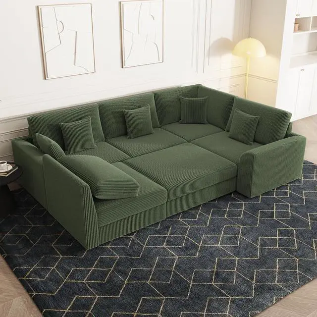 Alt view image 4 of 7 - 146" Modular Sectional Sofa, 6-Piece U-Shaped Couch with Ottoman | Oversized Deep Seating, Converts to Sofa Bed, Solid Wood Frame, Soft Corduroy Fabric, Tool-Free Assembly
