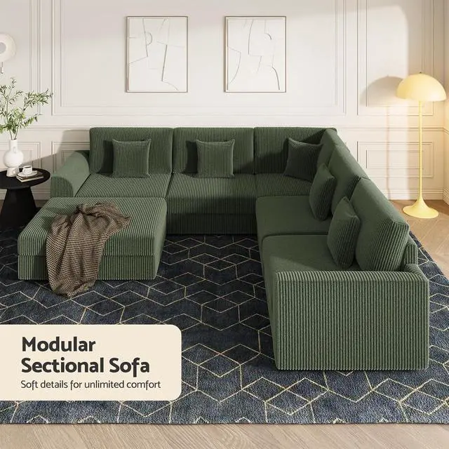 Alt view image 7 of 7 - 146" Modular Sectional Sofa, 6-Piece U-Shaped Couch with Ottoman | Oversized Deep Seating, Converts to Sofa Bed, Solid Wood Frame, Soft Corduroy Fabric, Tool-Free Assembly