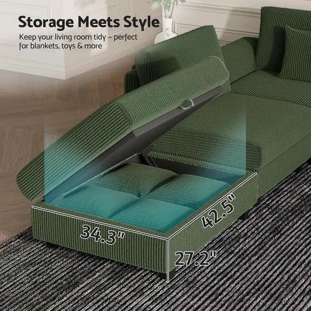 Alt view image 3 of 7 - Modular Sectional Sofa, 6-Piece U-Shaped Couch with Storage Ottoman | Oversized Deep Seating, Converts to Sofa Bed, Solid Wood Frame, Soft Corduroy Fabric, Tool-Free Assembly