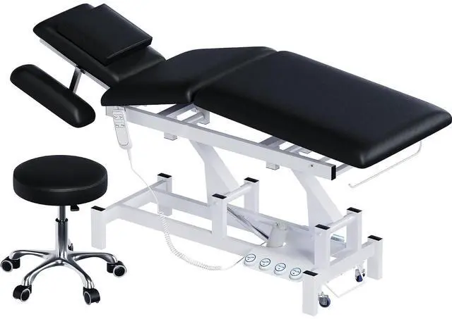 Main image of 2-Motor Electric Massage Table for Physical Therapy (Black, with Stool) | Professional Treatment & Medical Exam Table with Wheels, 3-Section Lumbar Lift & Height Adjustable for Facial Tattoo Waxing