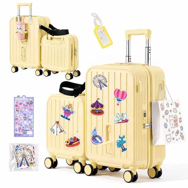 Main image of Ride On Suitcase for Kids 2 Piece Carry On Luggage Set (Yellow) | 20"+ 14" Toddler Ride on Suitcase Set, ABS+PC HardShell, Silent Spinner Wheels, Safety Belt, Foldable Cup Holder