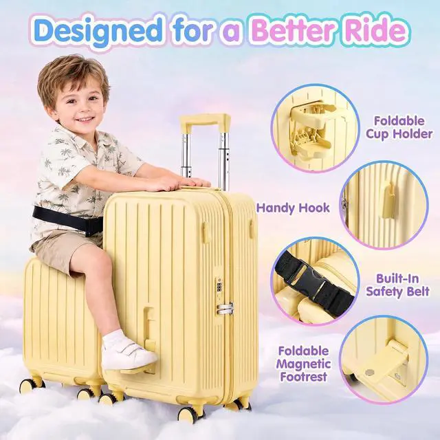 Alt view image 4 of 7 - Ride On Suitcase for Kids 2 Piece Carry On Luggage Set (Yellow) | 20"+ 14" Toddler Ride on Suitcase Set, ABS+PC HardShell, Silent Spinner Wheels, Safety Belt, Foldable Cup Holder