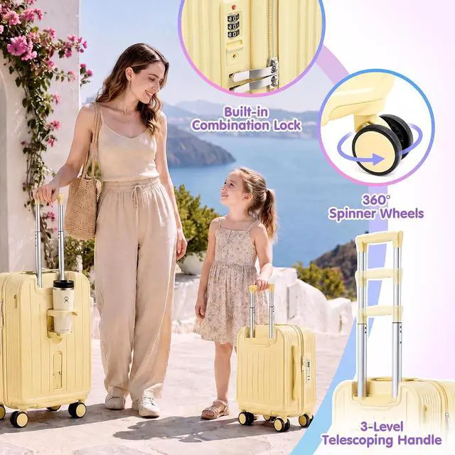 Alt view image 3 of 7 - Ride On Suitcase for Kids 2 Piece Carry On Luggage Set (Yellow) | 20"+ 14" Toddler Ride on Suitcase Set, ABS+PC HardShell, Silent Spinner Wheels, Safety Belt, Foldable Cup Holder