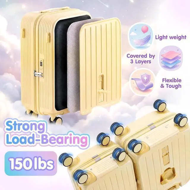 Alt view image 5 of 7 - Ride On Suitcase for Kids 2 Piece Carry On Luggage Set (Yellow) | 20"+ 14" Toddler Ride on Suitcase Set, ABS+PC HardShell, Silent Spinner Wheels, Safety Belt, Foldable Cup Holder