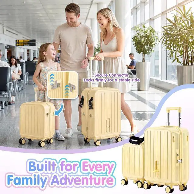 Alt view image 7 of 7 - Ride On Suitcase for Kids 2 Piece Carry On Luggage Set (Yellow) | 20"+ 14" Toddler Ride on Suitcase Set, ABS+PC HardShell, Silent Spinner Wheels, Safety Belt, Foldable Cup Holder