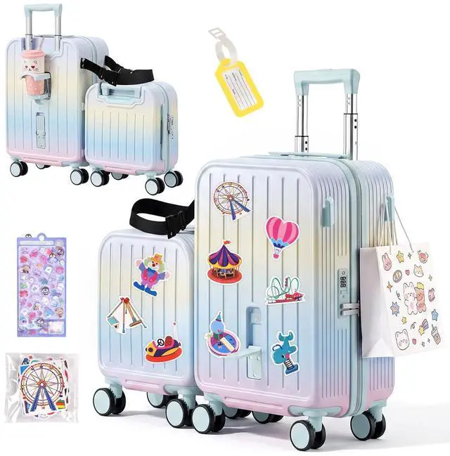Main image of Ride On Suitcase for Kids 2 Piece Carry On Luggage Set (Macaron Gradient) | 20"+ 14" Toddler Ride on Suitcase Set, ABS+PC HardShell, Silent Spinner Wheels, Safety Belt, Foldable Cup Holder