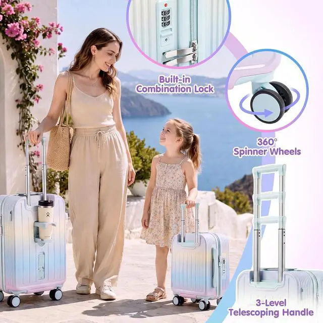 Alt view image 3 of 7 - Ride On Suitcase for Kids 2 Piece Carry On Luggage Set (Macaron Gradient) | 20"+ 14" Toddler Ride on Suitcase Set, ABS+PC HardShell, Silent Spinner Wheels, Safety Belt, Foldable Cup Holder