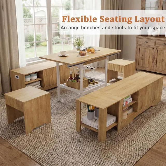 Alt view image 7 of 7 - Extendable Breakfast Nook Set with Storage Bench, Corner Dining Table Set | Extendable Table Design, Hidden Storage Benches, 6-Piece Dining Set, Built-In Glass Holders, Indoor & Outdoor Use
